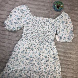 Maxi Dress Womens XS Blue Floral Smocked Stretch Cottagecore Prairie Peasant NEW